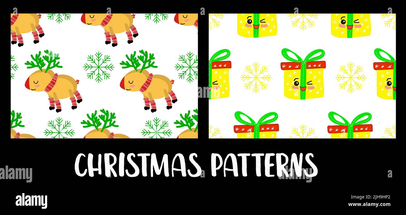 Christmas seamless pattern with kawaii cute reindeer, gift box ...