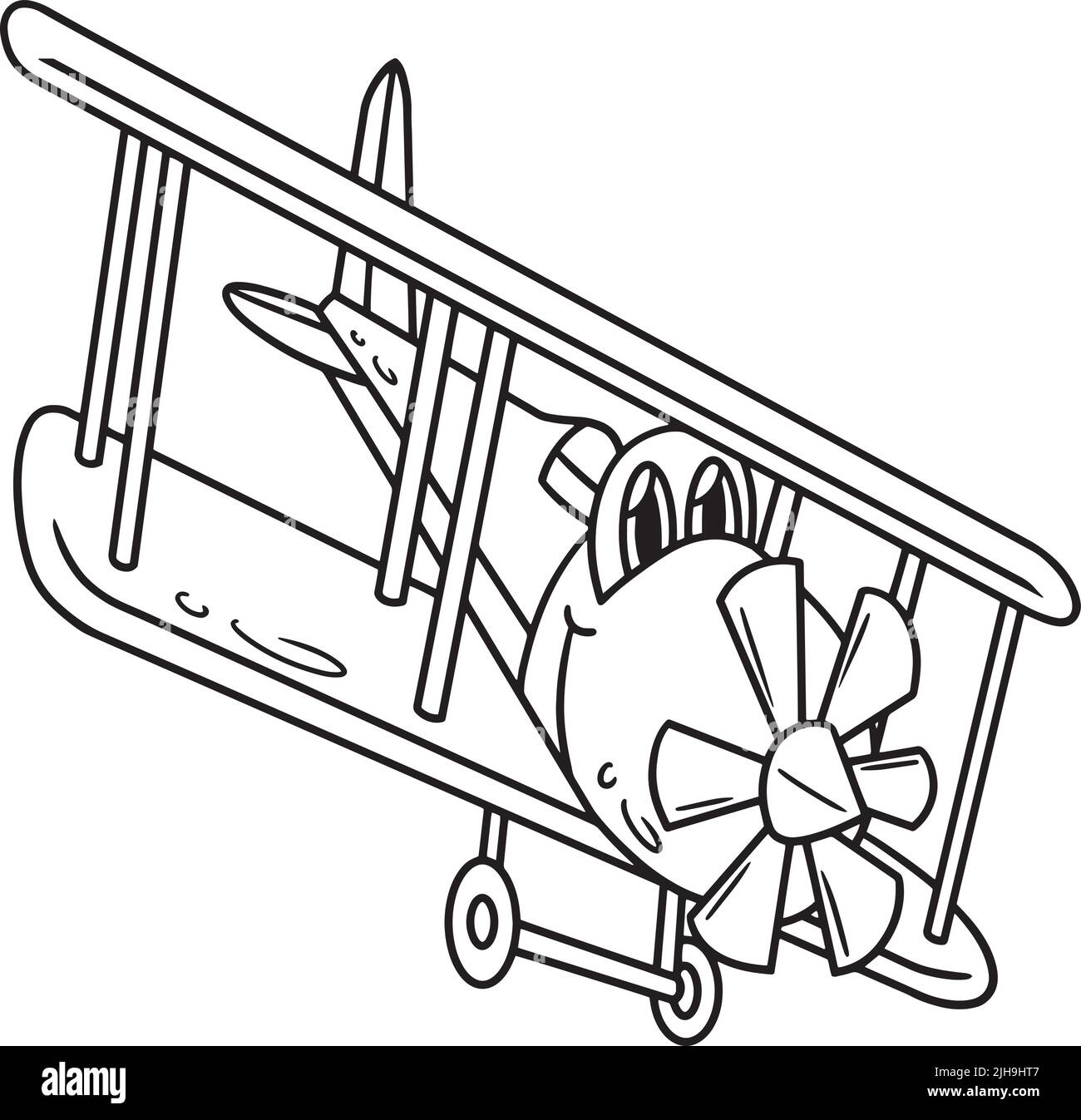 Propeller Plane with Face Vehicle Coloring Page Stock Vector