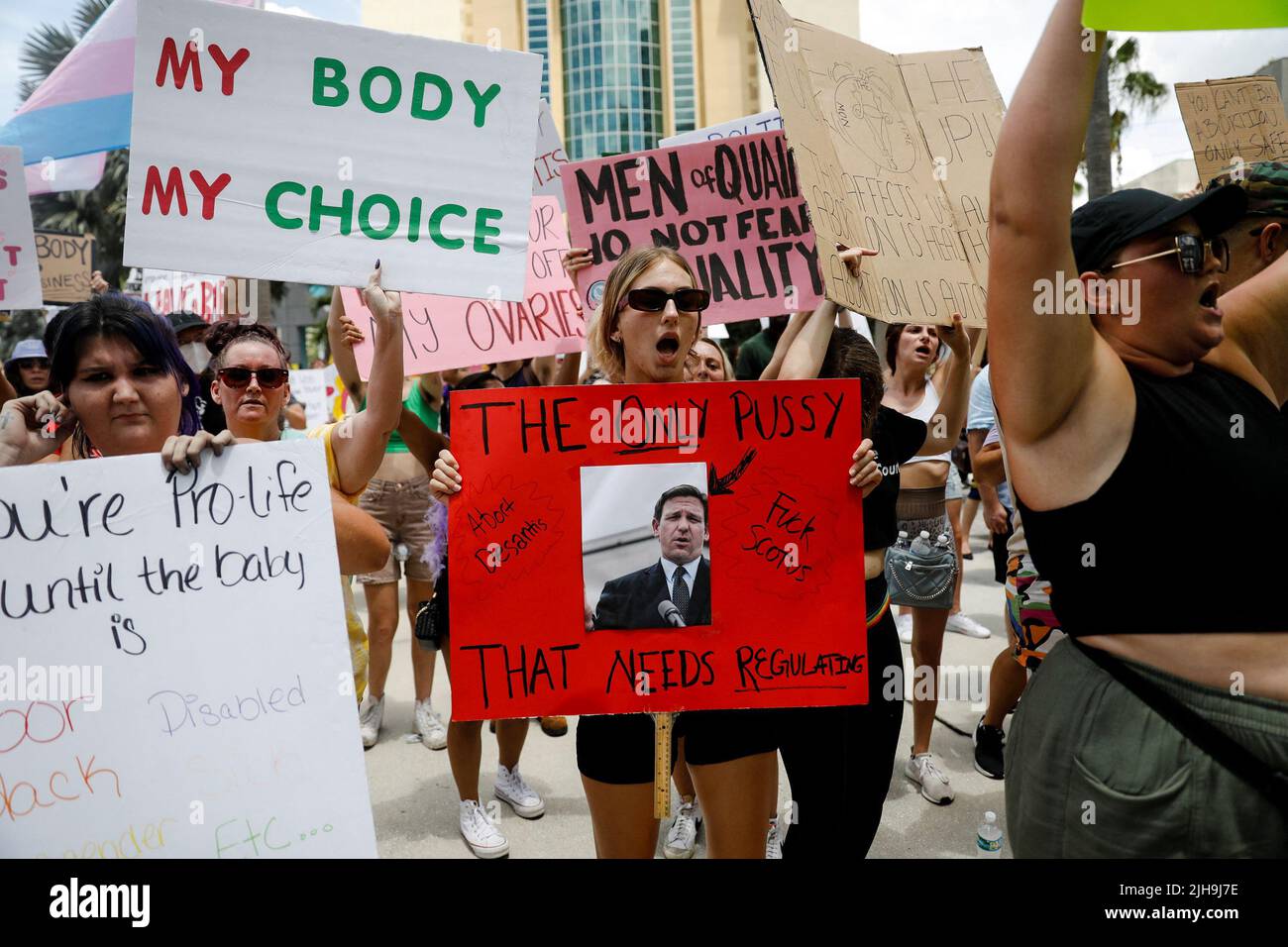 Abortion rights activists protest outside the venue of a summit by the conservative group 'Moms For Liberty' in Tampa, Florida, U.S. July 16, 2022.  REUTERS/Octavio Jones Stock Photo