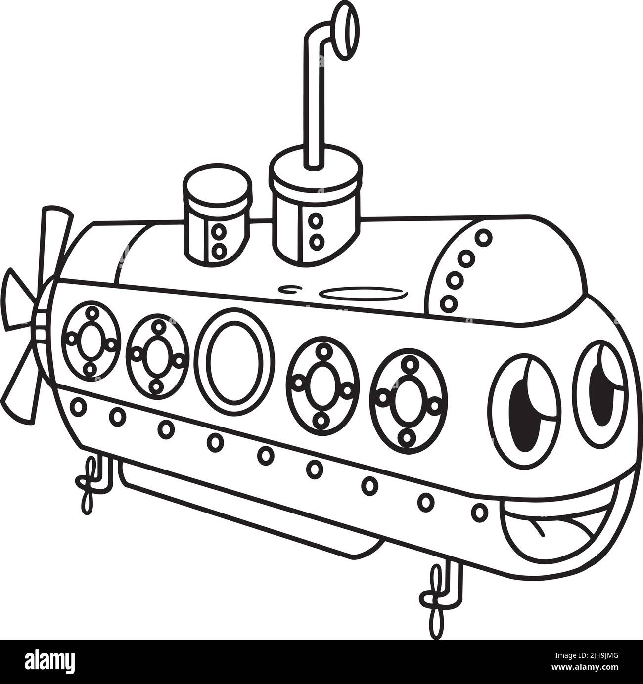 Submarine with Face Vehicle Coloring Page for Kids Stock Vector