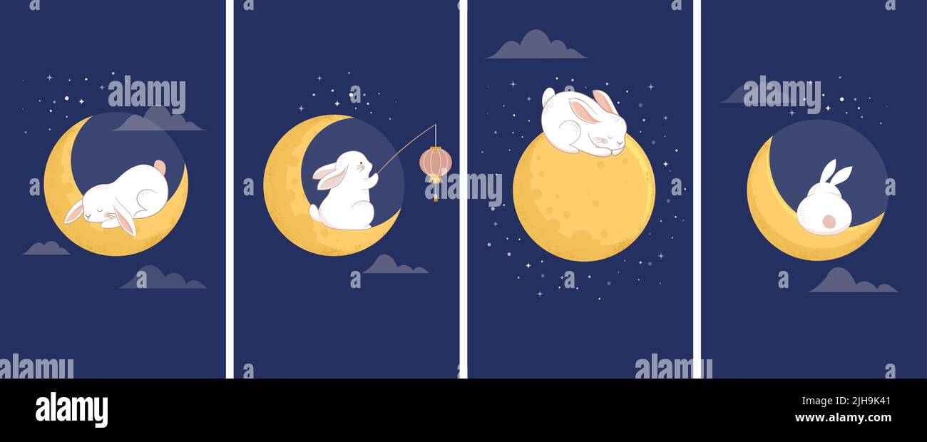 Mid Autumn Festival Concept Story Design with Cute Rabbits, Bunnies and ...