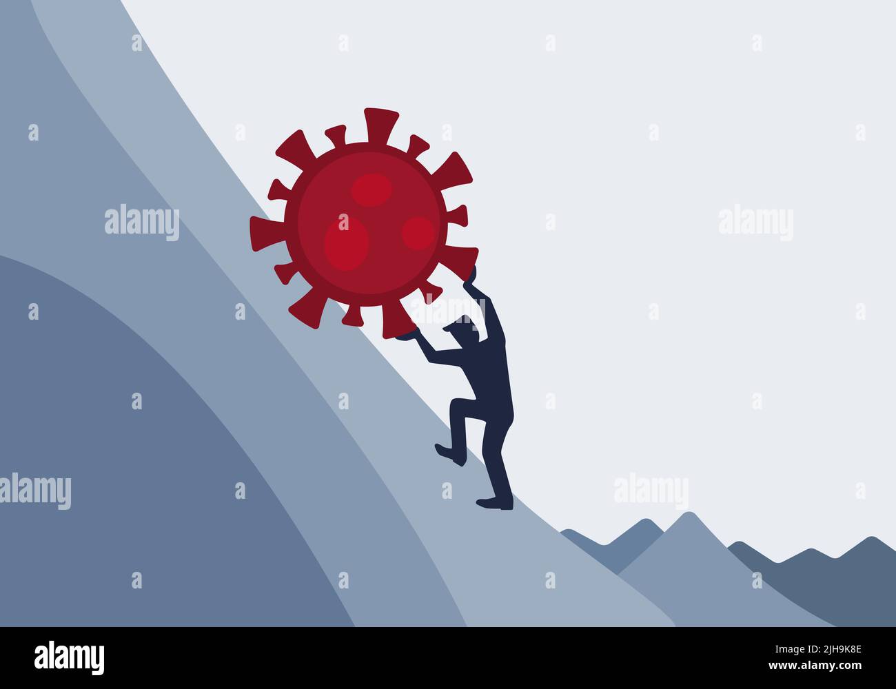 Long Covid patient with post viral fatigue syndrome pushing a metaphoric Coronavirus up a mountain in Sisyphus concept vector Stock Vector