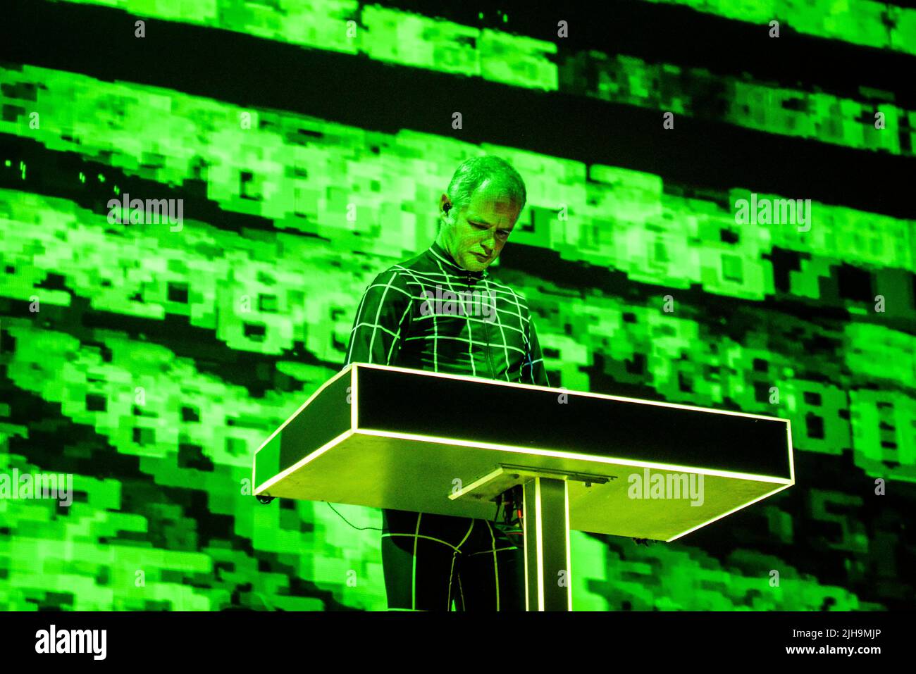 Falk Grieffenhagen of electronic music pioneers Kraftwerk perform live on stage at Arlene Schnitzer Concert Hall in Portland, Oregon, USA on 8th July, Stock Photo