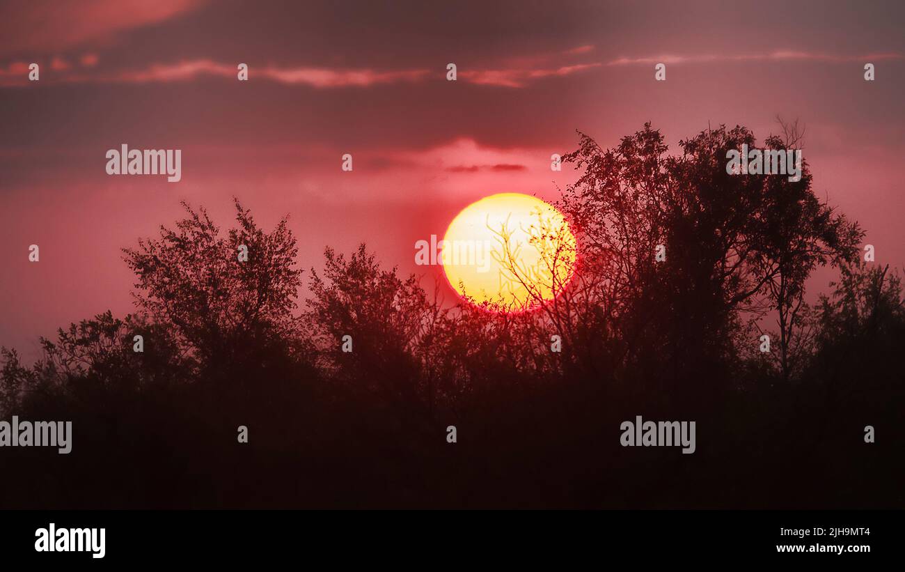 Sunrise on a spring morning: daybreak, morning dawn and the light of Aurora. The solar disk rises against the background of smoky clouds and through t Stock Photo