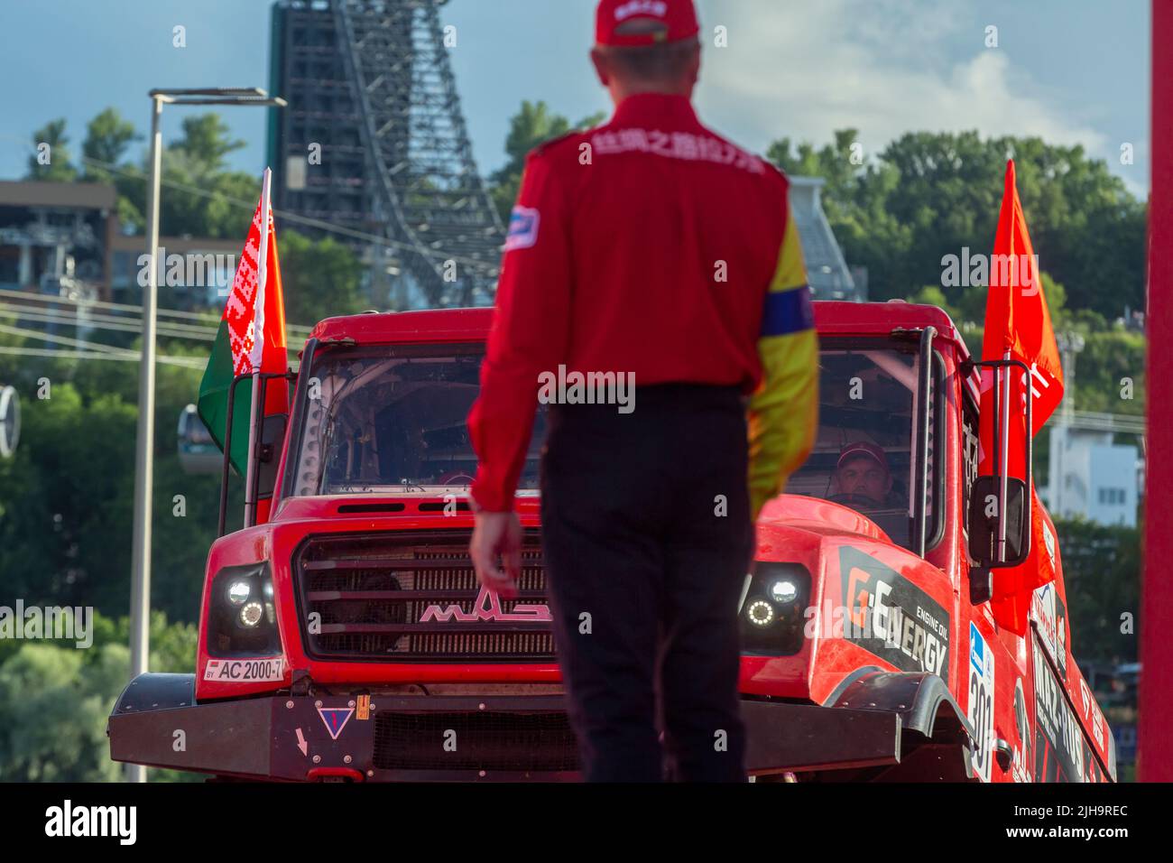 Moscow, Russia. 16th of July, 2022. Bronze medalists, MAZ-SPORTauto's team during the award ceremony of winners of the Silk Way Rally, a rally raid from Astrakhan to Moscow, at Luzhniki sports complex, in Moscow, Russia. Nikolay Vinokurov/Alamy Live News Stock Photo