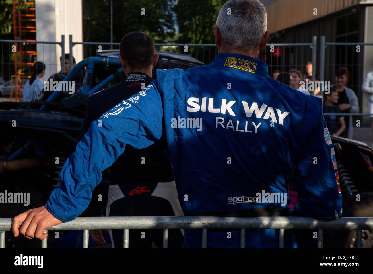 Moscow, Russia. 16th of July, 2022. A team takes part of an award ceremony after the finish of the Silk Way Rally, a rally raid from Astrakhan to Moscow, at Moscow’s Luzhniki sports complex, Russia. Nikolay Vinokurov/Alamy Live News Stock Photo