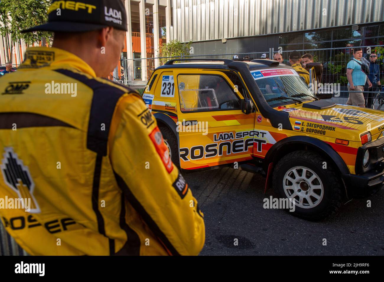 Moscow, Russia. 16th of July, 2022. A team takes part of an award ceremony after the finish of the Silk Way Rally, a rally raid from Astrakhan to Moscow, at Moscow’s Luzhniki sports complex, Russia. Nikolay Vinokurov/Alamy Live News Stock Photo