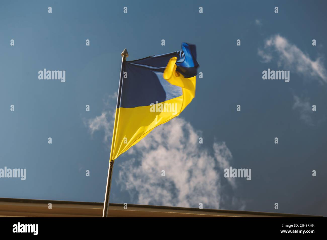 Low angle view of peacefully waving Flag of Ukraine Prapor Ukrainy