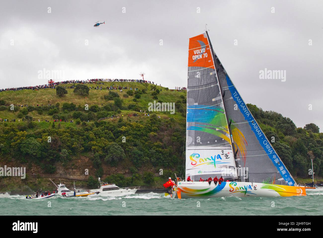 Team Sanya depart the harbour for leg 5 to Itajai, Brazil as part of the Volvo Ocean Race, Auckland, New Zealand, Sunday, March 18, 2012. Stock Photo