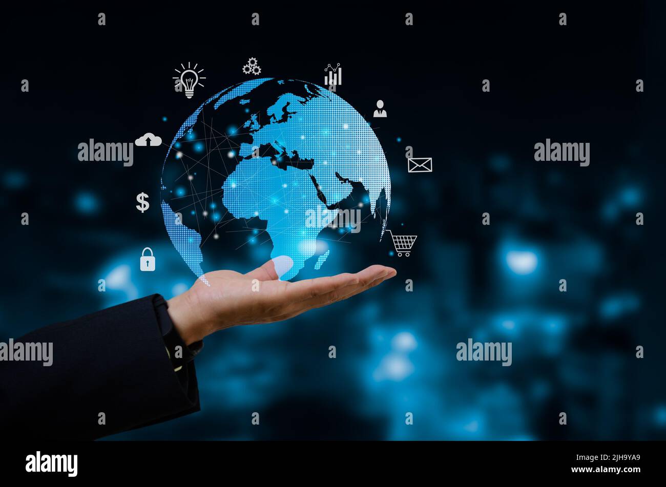 Digital communication and virtual technology concept WEB 3.0.hand touch globe internet. Stock Photo