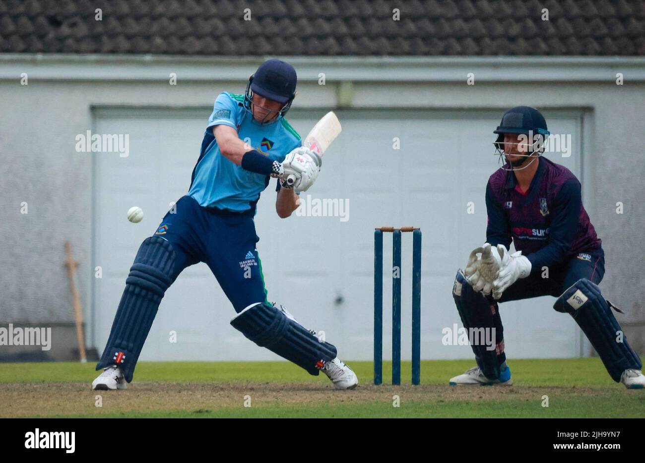 The Lawn, Waringstown, Northern Ireland, UK. 16 Jul 2022. The Lagan Valley Steels Twenty 20 Cup Final 2022. CIYMS v CSNI – CIYMS won by 16 runs (DLS) in a rain-affected match. A CSNI batter in action at the final. Credit: David Hunter/Alamy Live News. Stock Photo