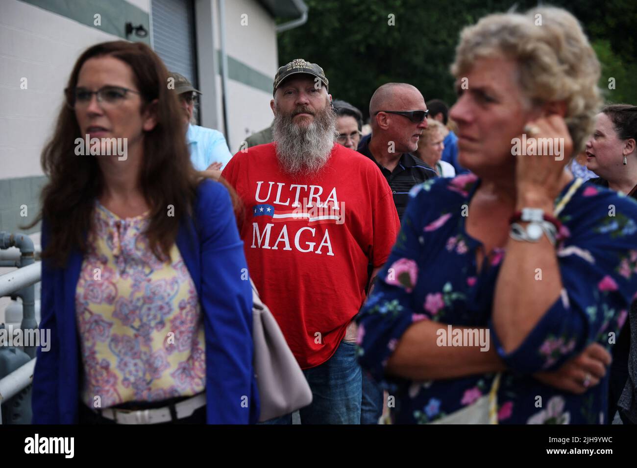 Patrick Wallen waits with others in line for the screening of the documentary 'The Return of the American Patriot: The Rise of Pennsylvania' at Christ Community Church in Camp Hill, Pennsylvania, U.S., July 16, 2022. REUTERS/Shannon Stapleton Stock Photo