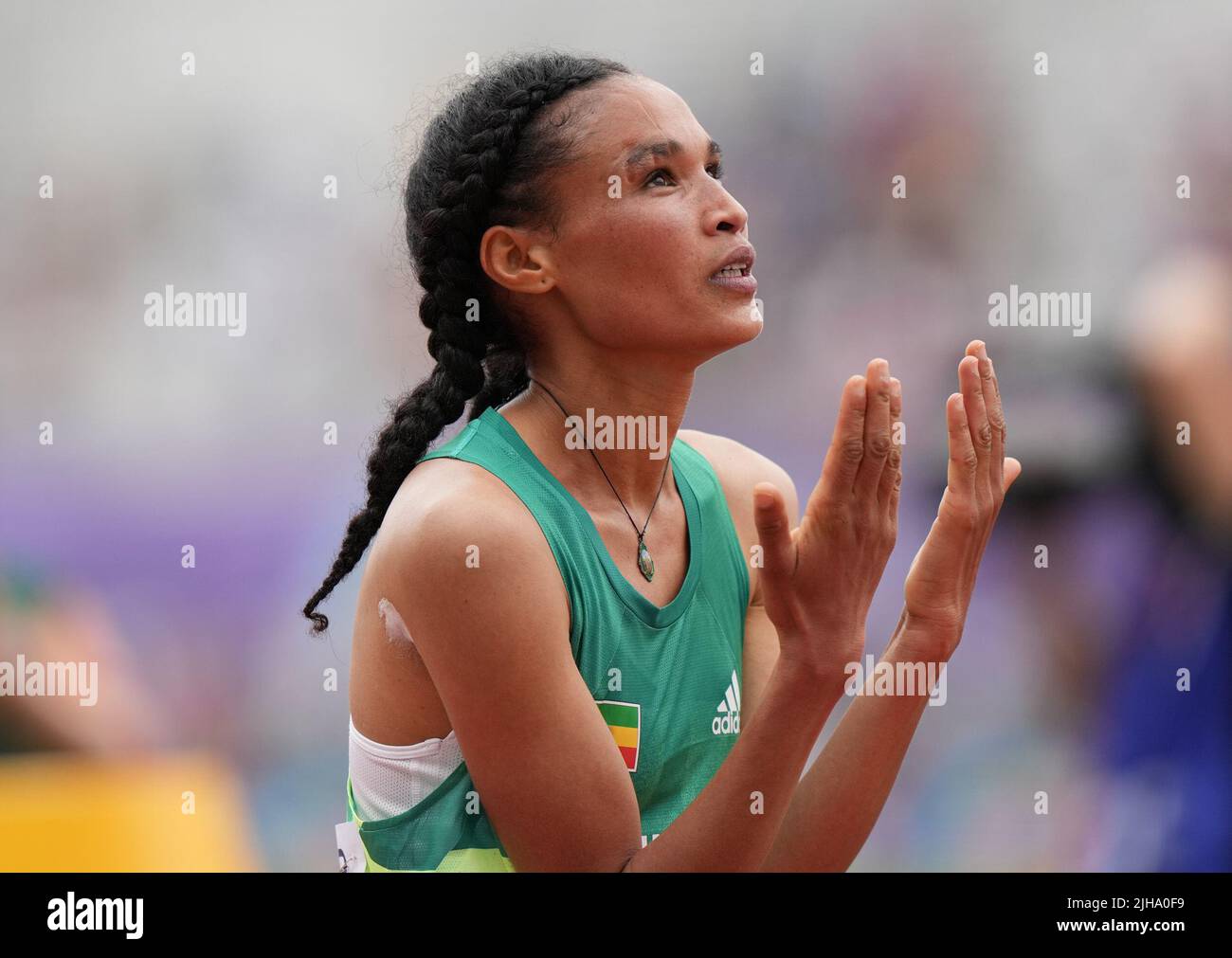 Eugene, USA. 16th July, 2022. Letesenbet Gidey of Ethiopia celebrates