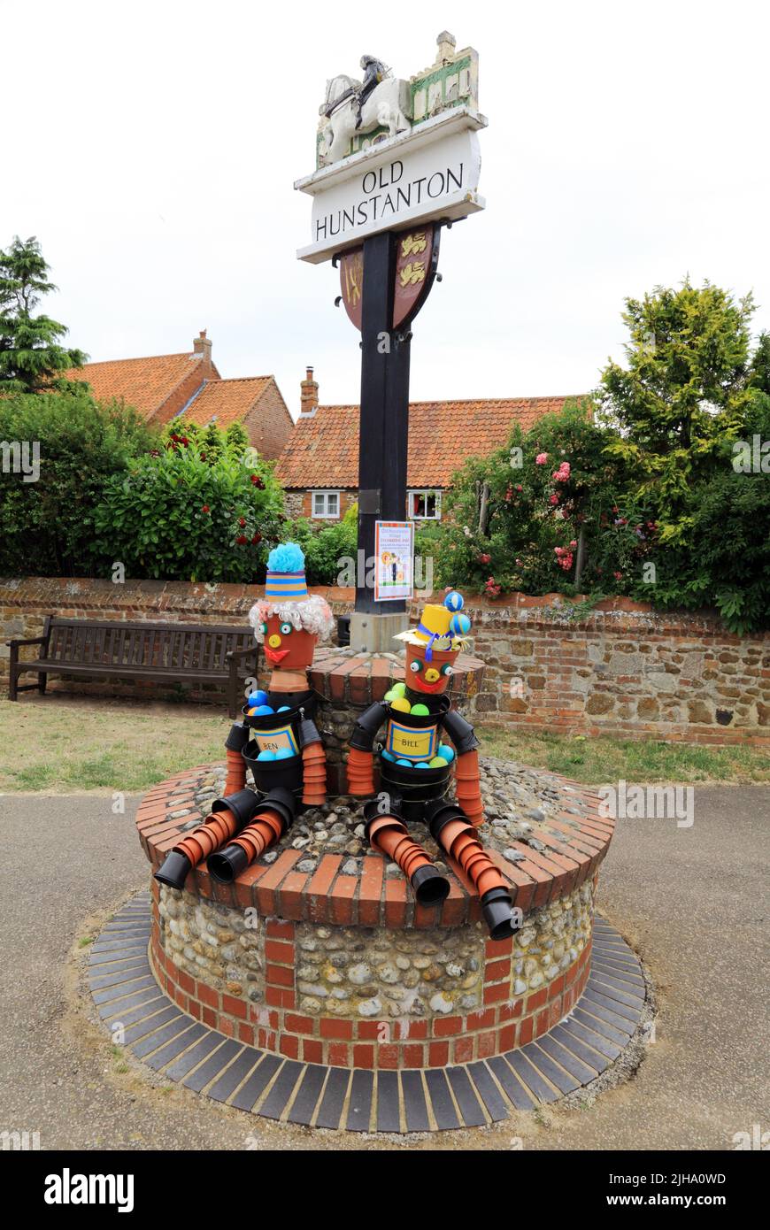 Bill and Ben, Flowerpot Men, village sign, Old Hunstanton Festival, decoration, models, puppets, Norfolk, England Stock Photo