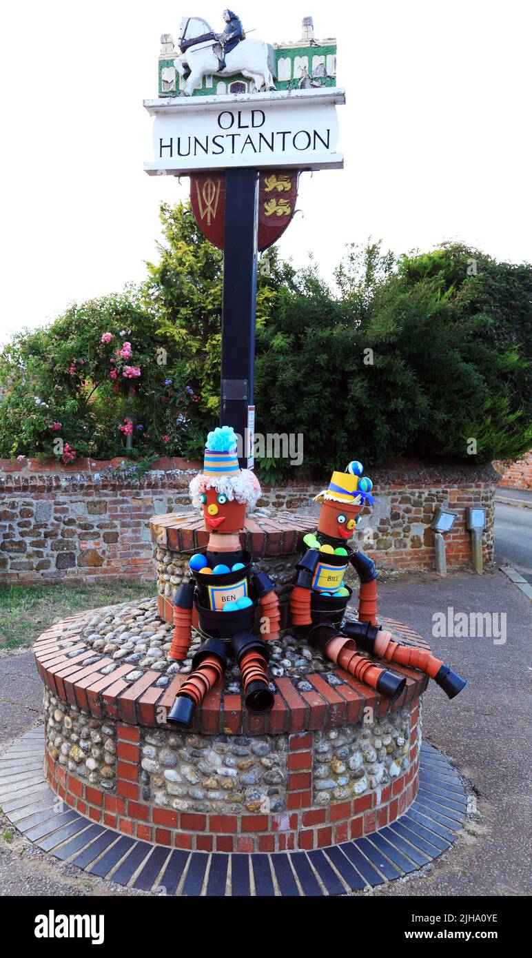 Bill and Ben, Flowerpot Men, village sign, Old Hunstanton Festival, decoration, models, puppets, Norfolk, England Stock Photo
