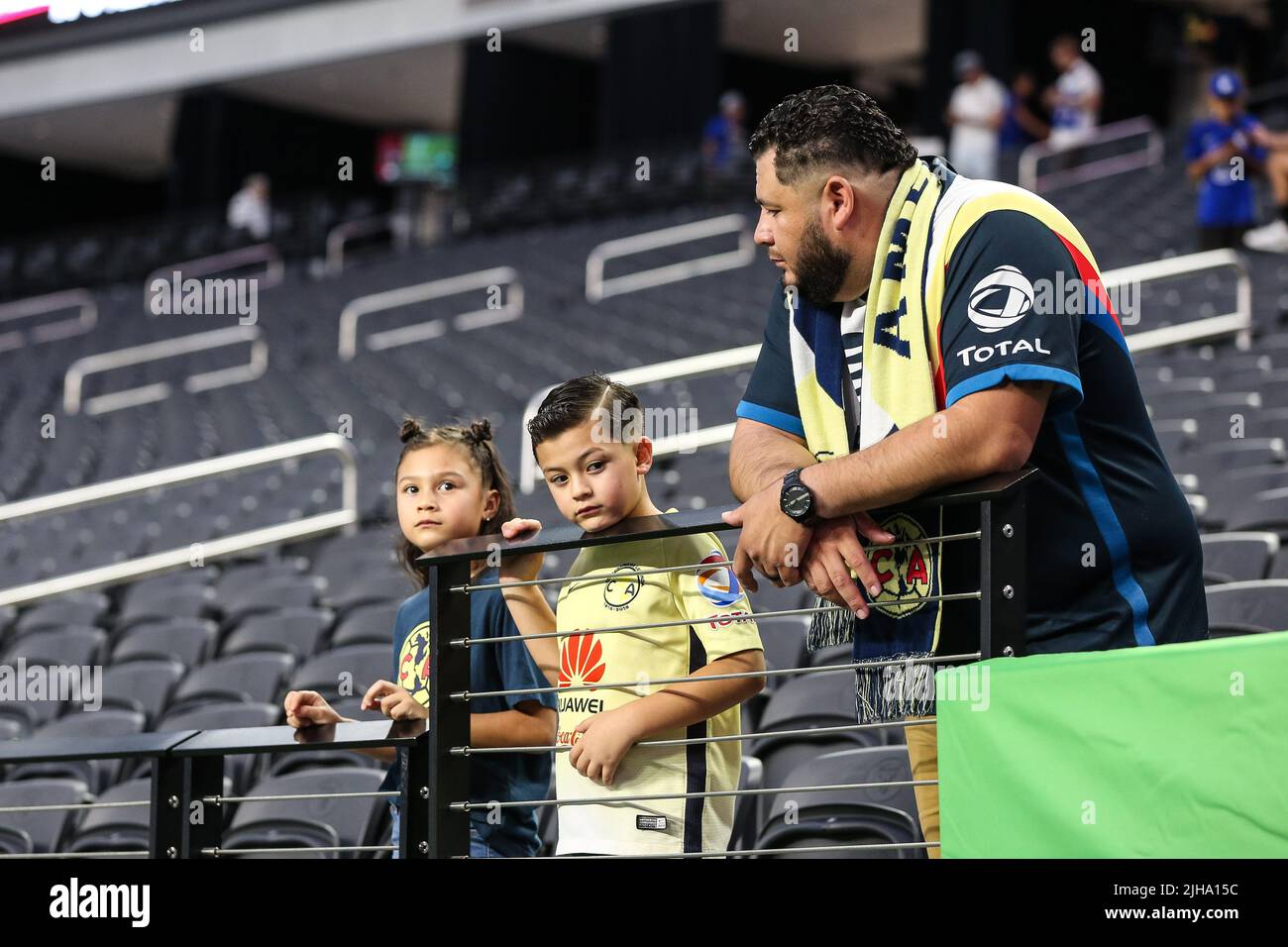 Las Vegas, NV, USA. 16th July, 2022. Two young fans look down towards the pitch prior to the start of the FC Clash of Nations 2022 soccer match featuring Chelsea FC vs Club America at Allegiant Stadium in Las Vegas, NV. Christopher Trim/CSM/Alamy Live News Stock Photo