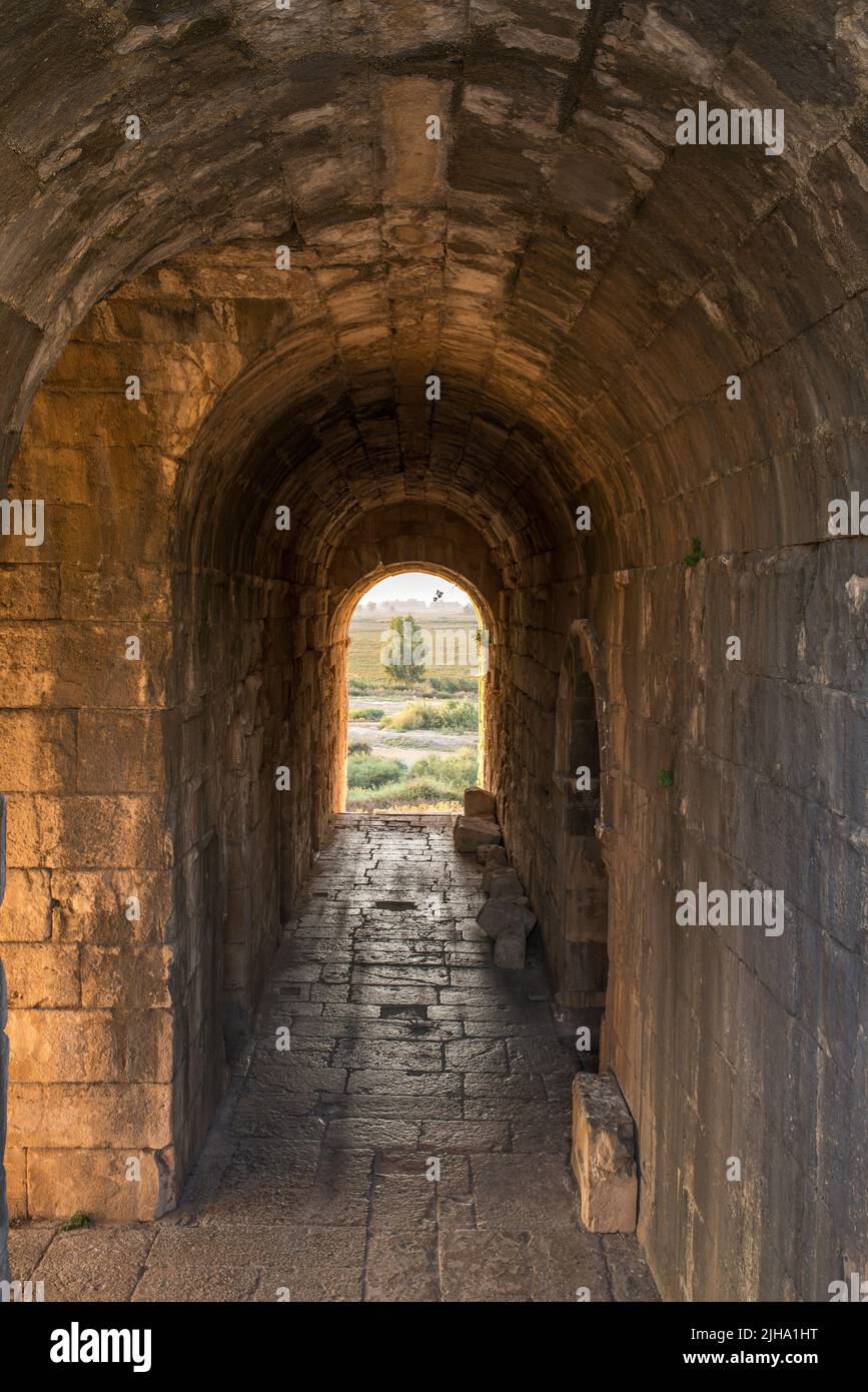 Building exterior of an old architectural Greek structure, ancient style stone blocks of the Miletus entrance. Texture, patterns and style of an arch Stock Photo