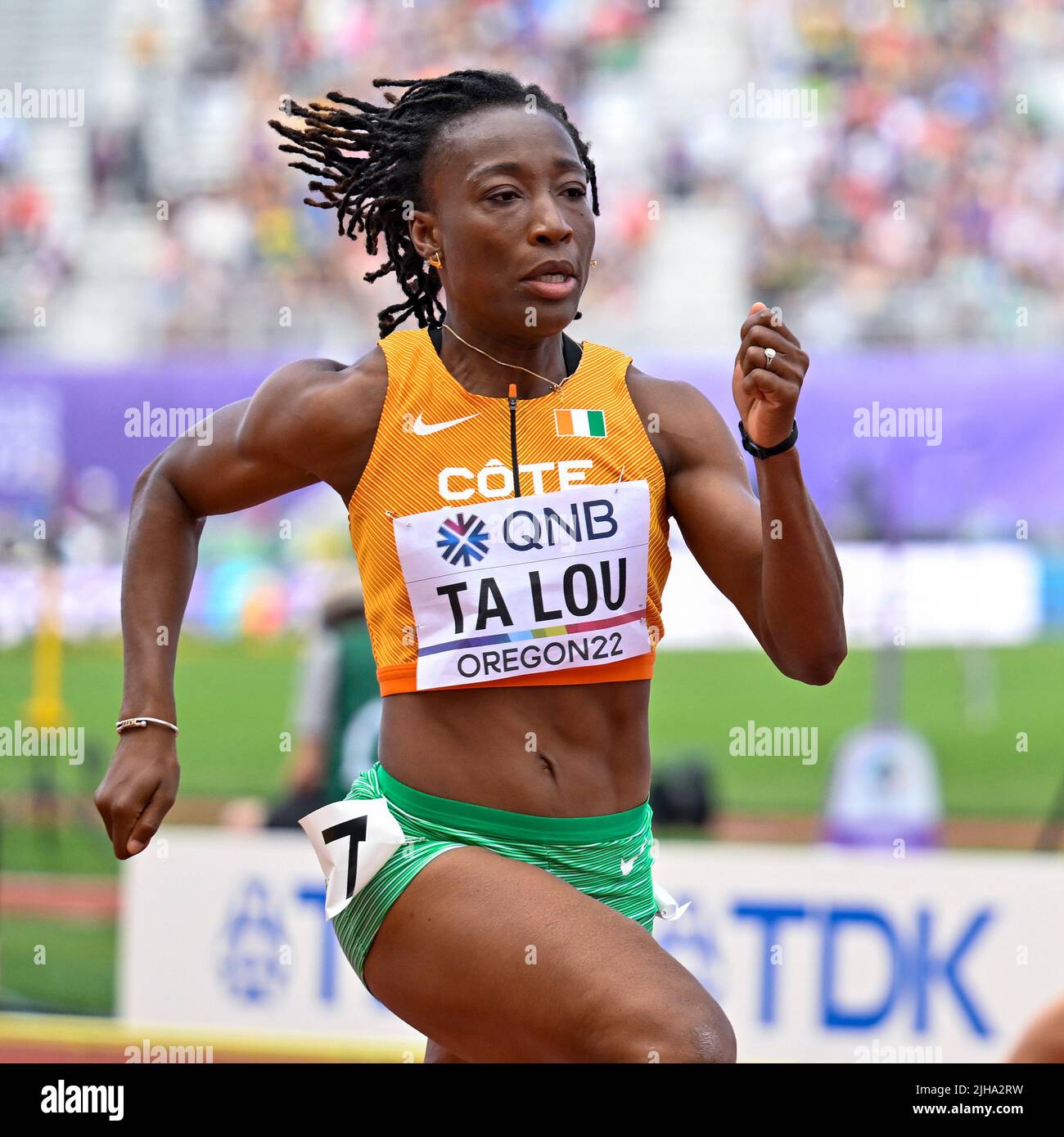 EUGENE, UNITED STATES - JULY 16: Marie-Josee Ta Lou of Cote d’Ivoire competing on Women's 100 metres during the World Athletics Championships on July 16, 2022 in Eugene, United States (Photo by Andy Astfalck/BSR Agency) Atletiekunie Stock Photo