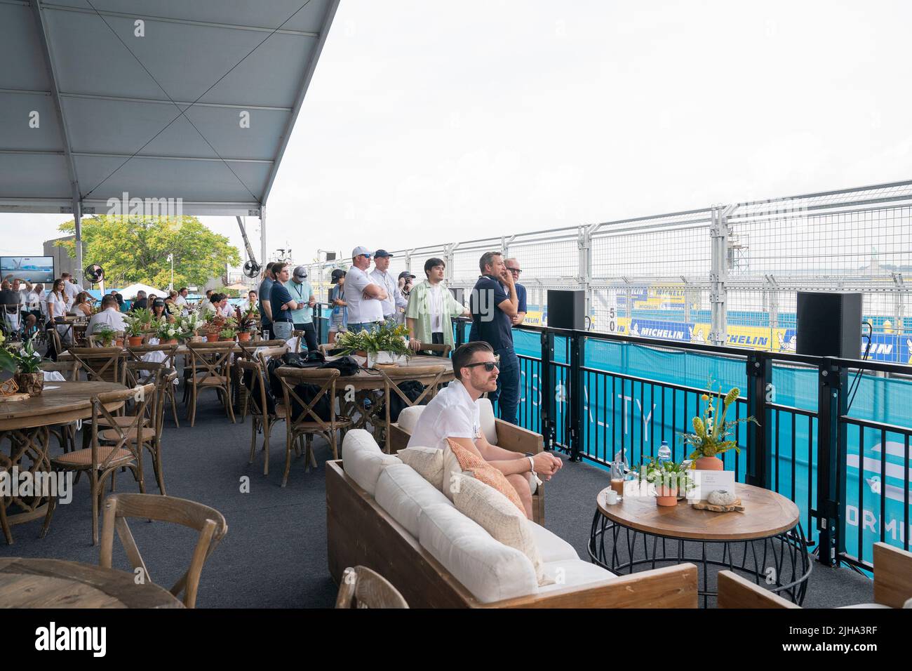 New York, USA. 16th July, 2022. Atmosphere on the grounds of Formula E racing season 8 day 1 at cruise terminal in Red Hook Brooklyn in New York on July 16, 2022. (Photo by Lev Radin/Sipa USA) Credit: Sipa USA/Alamy Live News Stock Photo