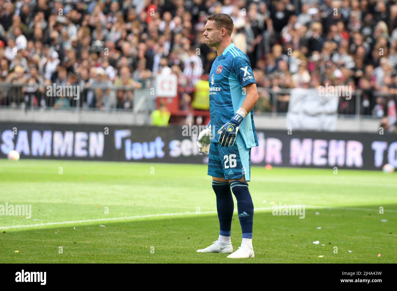Hamburg, Germany. 16th July, 2022. Soccer: 2nd Bundesliga, Matchday 1, Hamburg, Millerntor-Stadion, FC St. Pauli - 1. FC Nürnberg, FCN goalkeeper Christian Mathenia annoyed after the early 0:1. Credit: Michael Schwartz/dpa - IMPORTANT NOTE: In accordance with the requirements of the DFL Deutsche Fußball Liga and the DFB Deutscher Fußball-Bund, it is prohibited to use or have used photographs taken in the stadium and/or of the match in the form of sequence pictures and/or video-like photo series./dpa/Alamy Live News Stock Photo