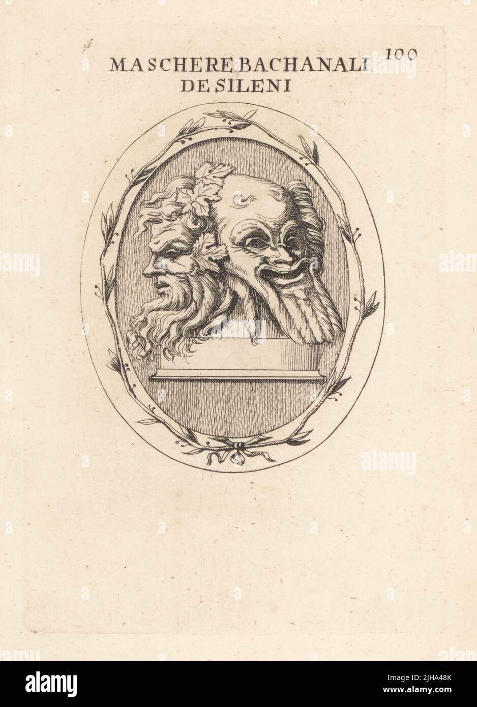 Two Bacchanalia masks of Silenus (woodland gods). One with vine leaves (left) and one with Egyptian curled beard. (right). Maschere Bachanali de Sileni. Copperplate engraving by Giovanni Battista Galestruzzi after Leonardo Agostini from Gemmae et Sculpturae Antiquae Depicti ab Leonardo Augustino Senesi, Abraham Blooteling, Amsterdam, 1685. Stock Photo