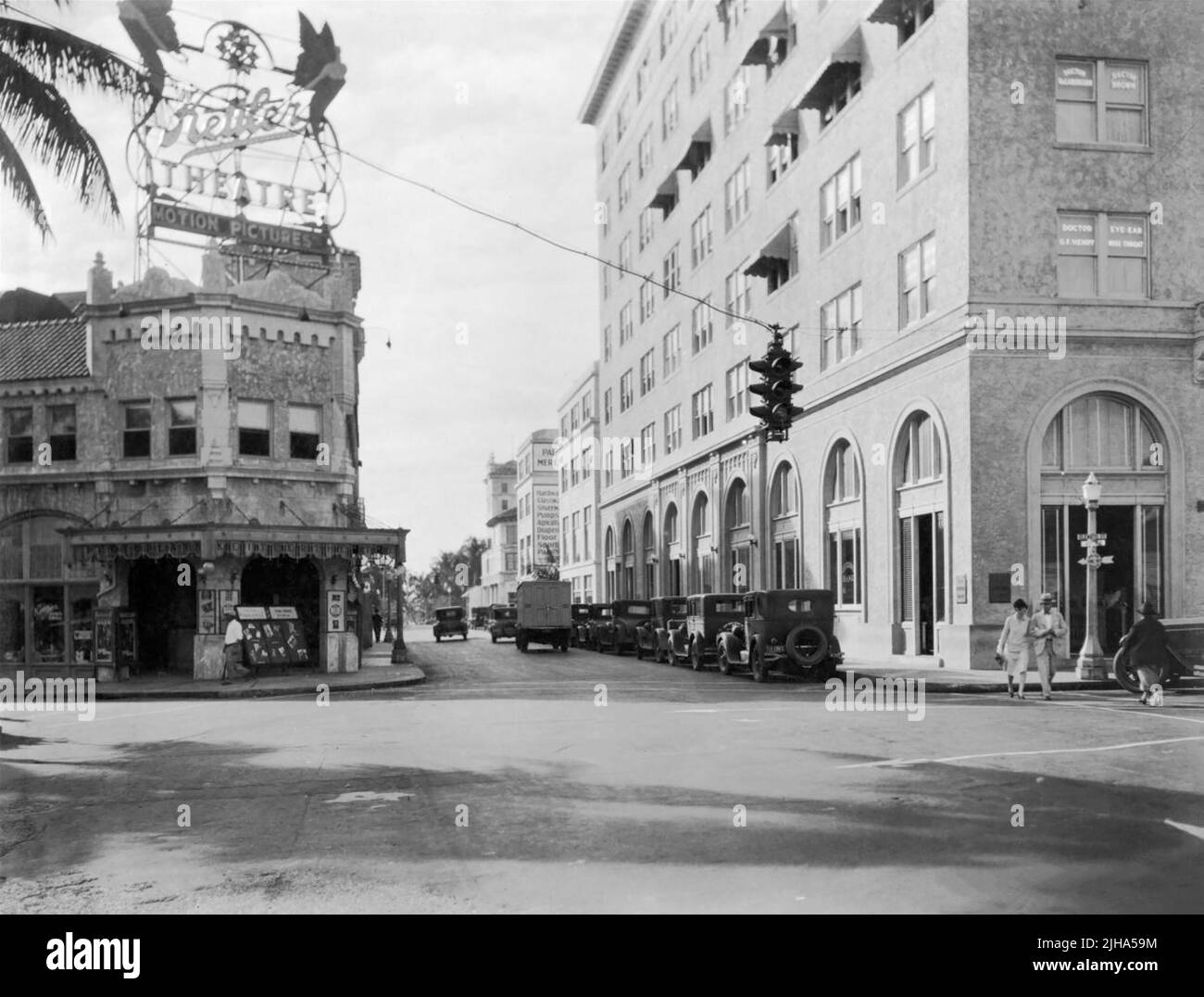 Kettler Theatre and Citizens Bank Building seen looking south down Narcissus Avenue from the corner of Clematis Street in downtown West Palm Beach, Florida, in 1927. (USA) Stock Photo