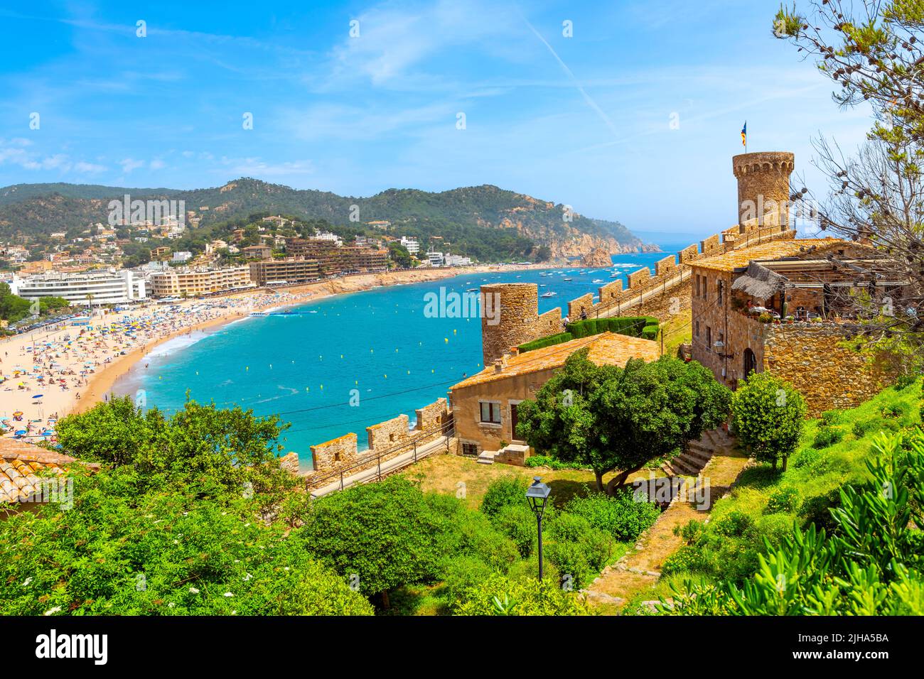 Views from the 12th century hilltop castle of the beach and old town of Tossa De Mar, Spain, along the Costa Brava coastline. Stock Photo