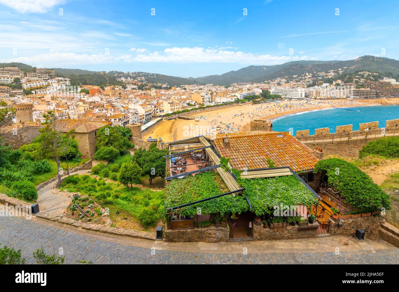 Views from the 12th century hilltop castle of the beach and old town of Tossa De Mar, Spain, along the Costa Brava coastline. Stock Photo