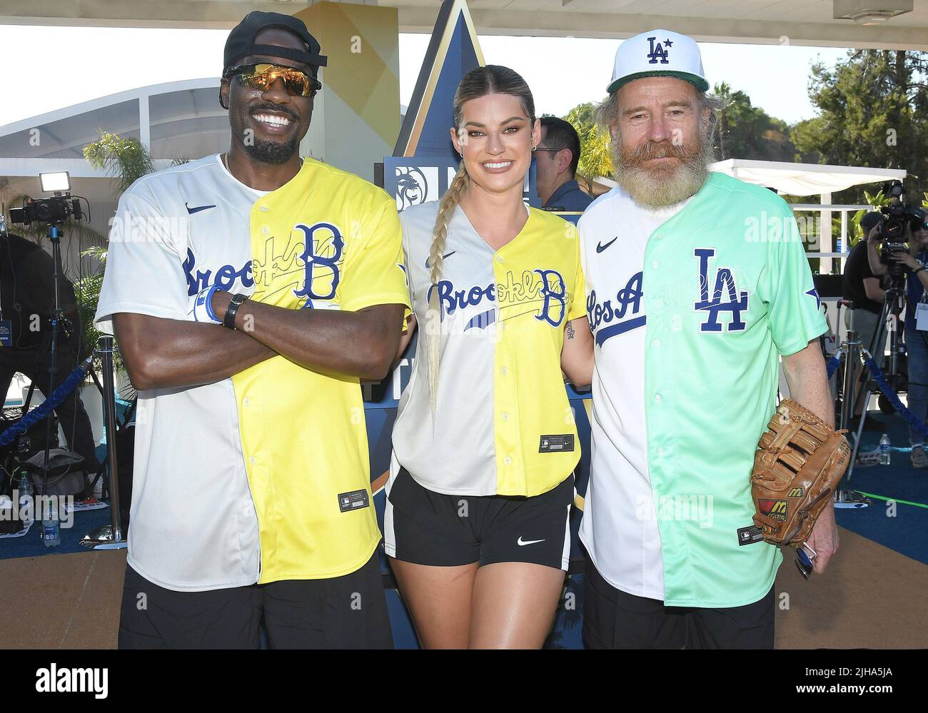 Los Angeles, USA. 16th July, 2022. (L-R) Yahya Abdul-Mateen II, Hannah  Stocking and Bryan Cranston at the 2022 MLB All-Star Celebrity Softball  Game Media Availability held at the 76 Station - Dodger