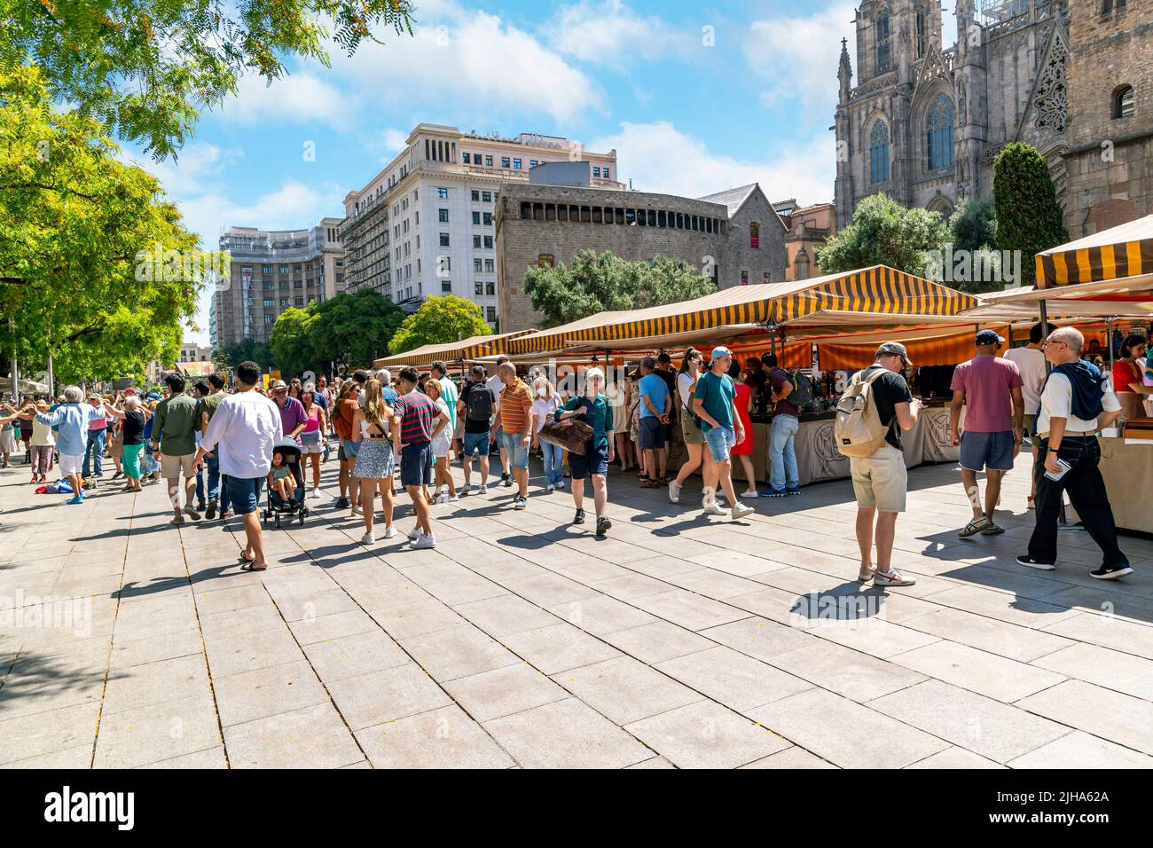 The Barcelona Cathedral Plaza is filled on Market Day in Barcelona, Spain. Stock Photo