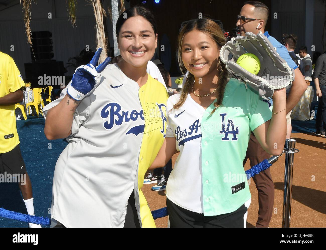 Los Angeles, USA. 16th July, 2022. (L-R) Lauren Chamberlain and Chloe Kim  at the 2022 MLB All-Star Celebrity Softball Game Media Availability held at  the 76 Station - Dodger Stadium Parking Lot