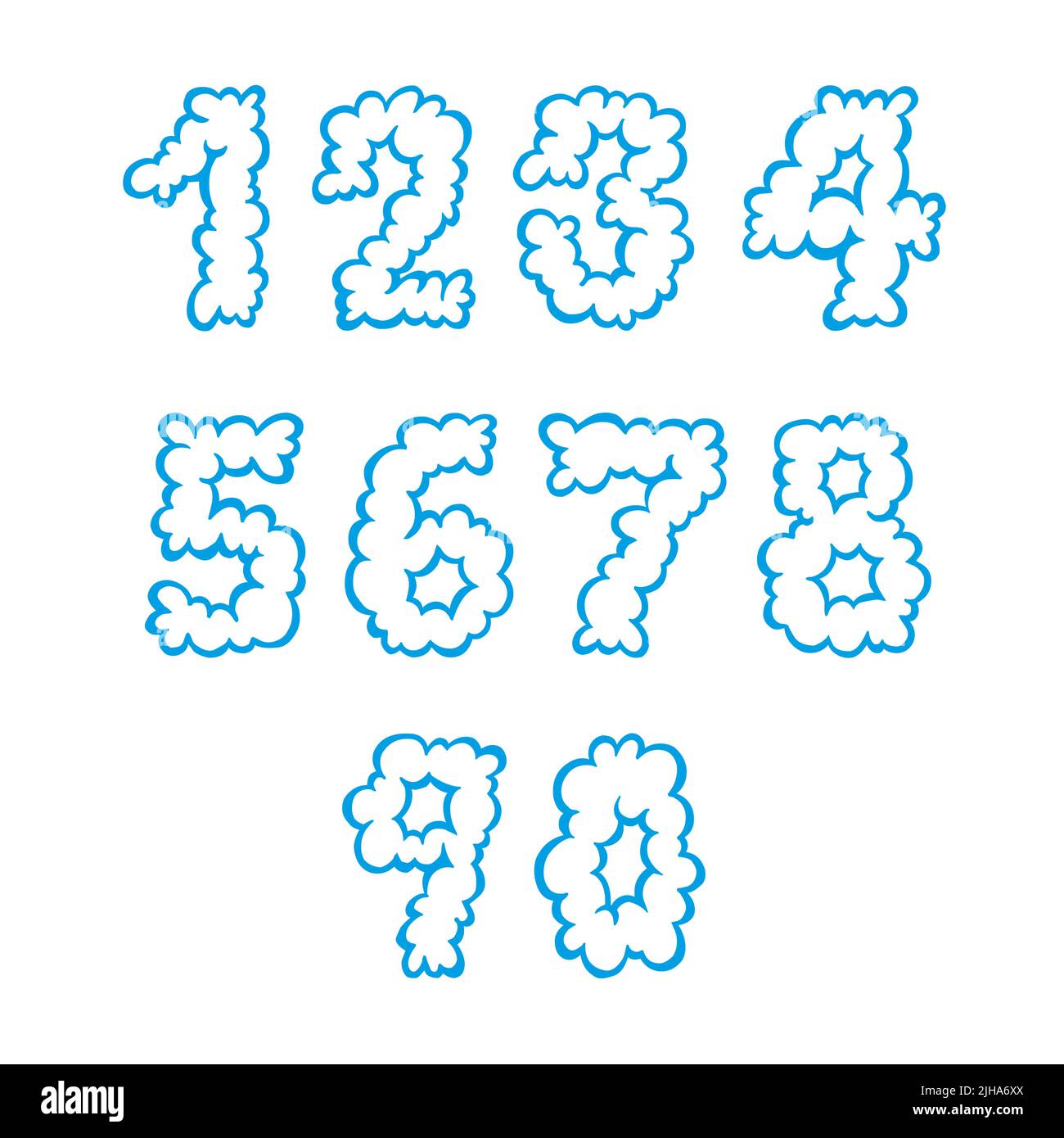 Blue cloud numbers isolated on white background. Set of numbers from 0
