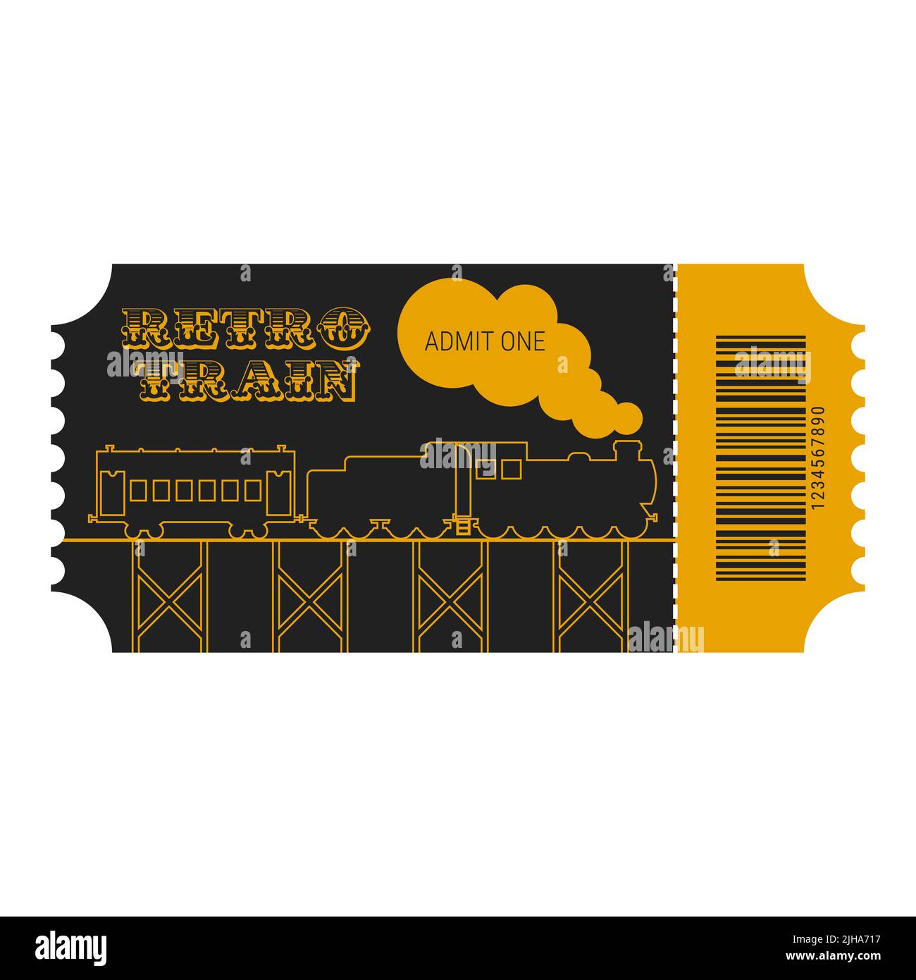 Retro train ticket. Railway Museum entrance ticket. Steam locomotive, vintage wagons, wooden bridge. Barcode, perforation. Flat illustration isolated Stock Photo