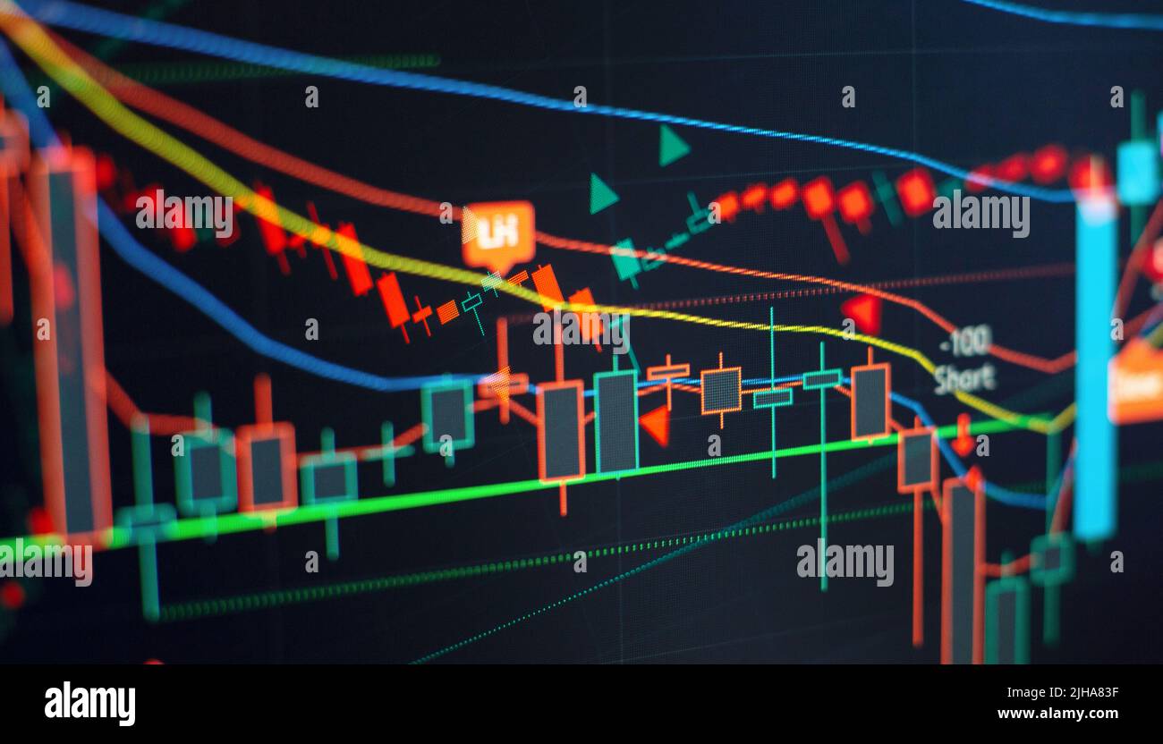 Technical price graph and indicator, red and green candlestick chart on  blue theme screen, market volatility, up and down trend. Stock trading,  crypto Stock Photo - Alamy