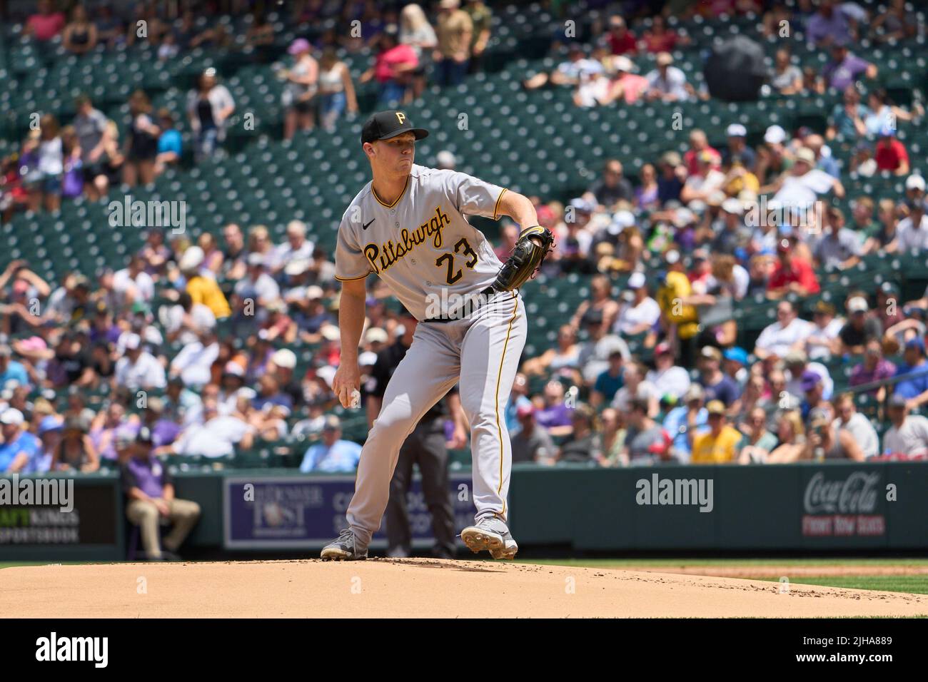 Denver CO, USA. 15th July, 2022. Pittsburgh pitcher Mitch Keller (23) makes a pitch during the game with Pittsburgh Pirates and Colorado Rockies held at Coors Field in Denver Co. David Seelig/Cal Sport Medi. Credit: csm/Alamy Live News Stock Photo