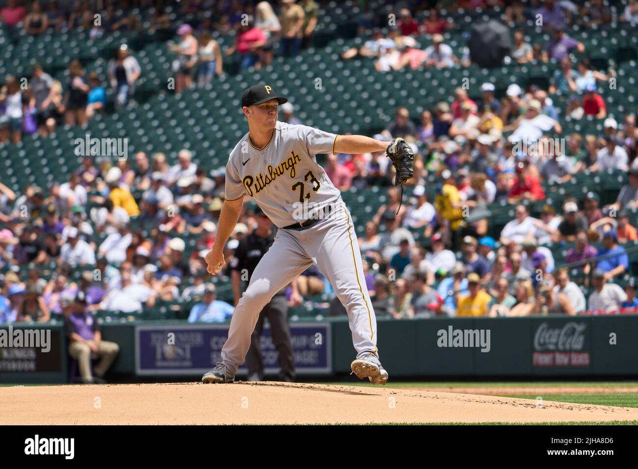 Denver CO, USA. 15th July, 2022. Pittsburgh pitcher Mitch Keller (23) makes a pitch during the game with Pittsburgh Pirates and Colorado Rockies held at Coors Field in Denver Co. David Seelig/Cal Sport Medi. Credit: csm/Alamy Live News Stock Photo