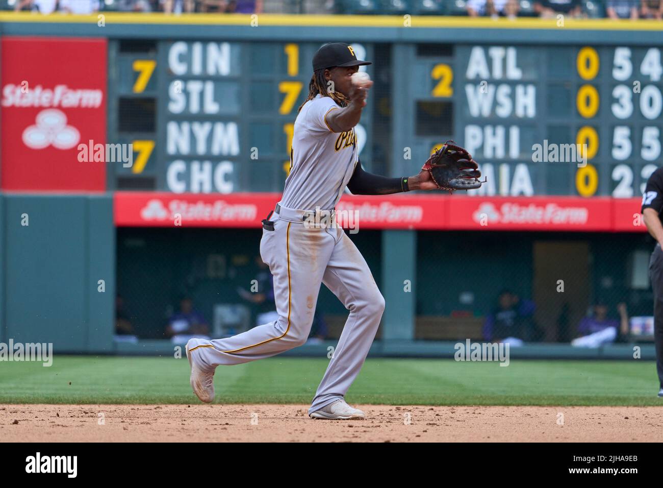 Denver CO, USA. 17th July, 2022. Pittsburgh shortstop Oneil Cruz (15)  warming up before the game with Pittsburgh Pirates and Colorado Rockies  held at Coors Field in Denver Co. David Seelig/Cal Sport