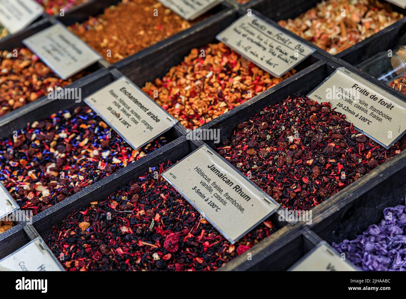 Flavored teas with hibiscus, strawberries, raspberries and other fruits