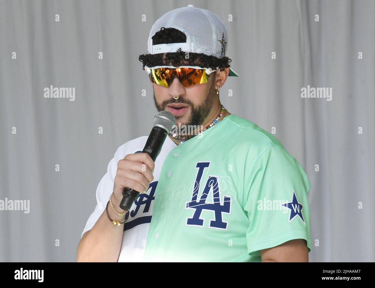 Bad Bunny at the 2022 MLB All-Star Celebrity Softball Game Media  Availability held at the 76 Station - Dodger Stadium Parking Lot in Los  Angeles, CA on Saturday, ?July 16, 2022. (Photo
