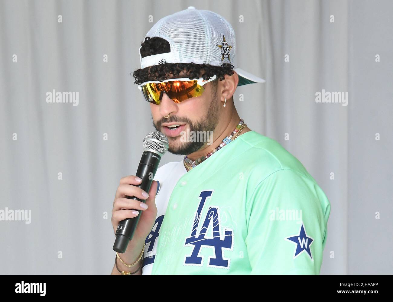 Los Angeles, USA. 16th July, 2022. Bad Bunny at the 2022 MLB All-Star  Celebrity Softball Game Media Availability held at the 76 Station - Dodger  Stadium Parking Lot in Los Angeles, CA