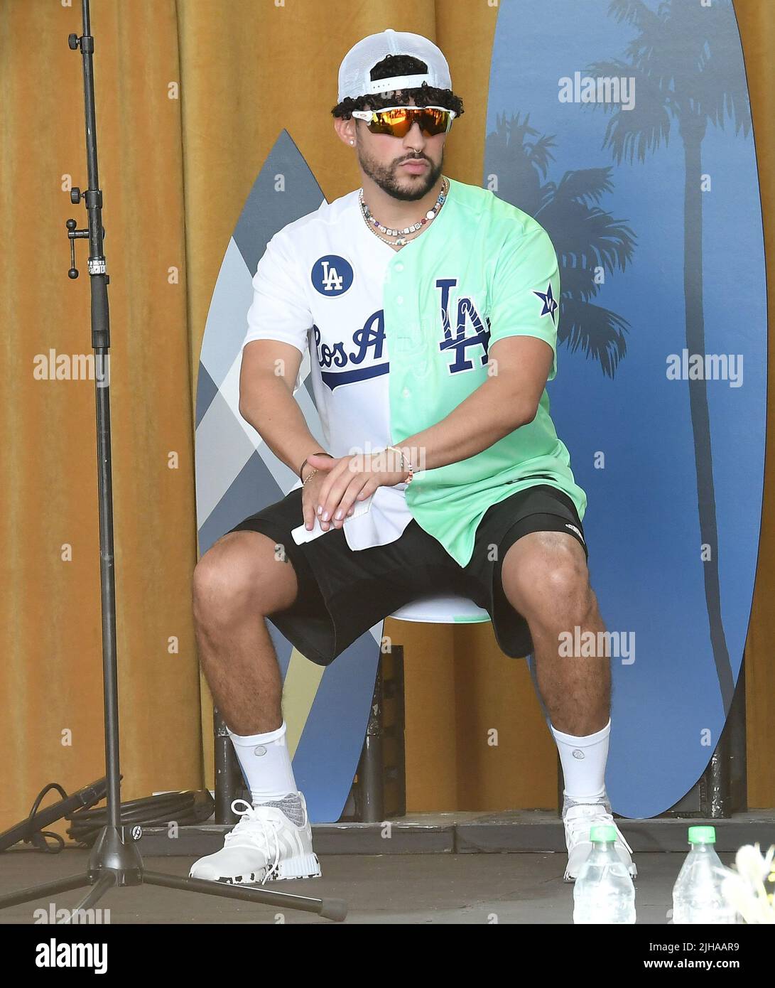 Los Angeles, USA. 16th July, 2022. Bad Bunny at the 2022 MLB All-Star  Celebrity Softball Game Media Availability held at the 76 Station - Dodger  Stadium Parking Lot in Los Angeles, CA