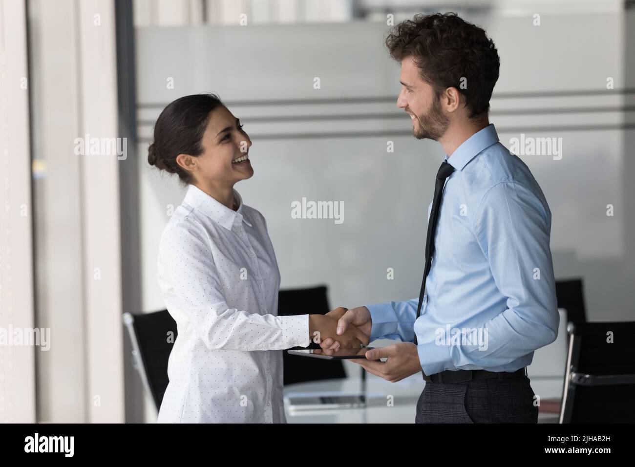 Two happy confident diverse business people shaking hands in office Stock Photo