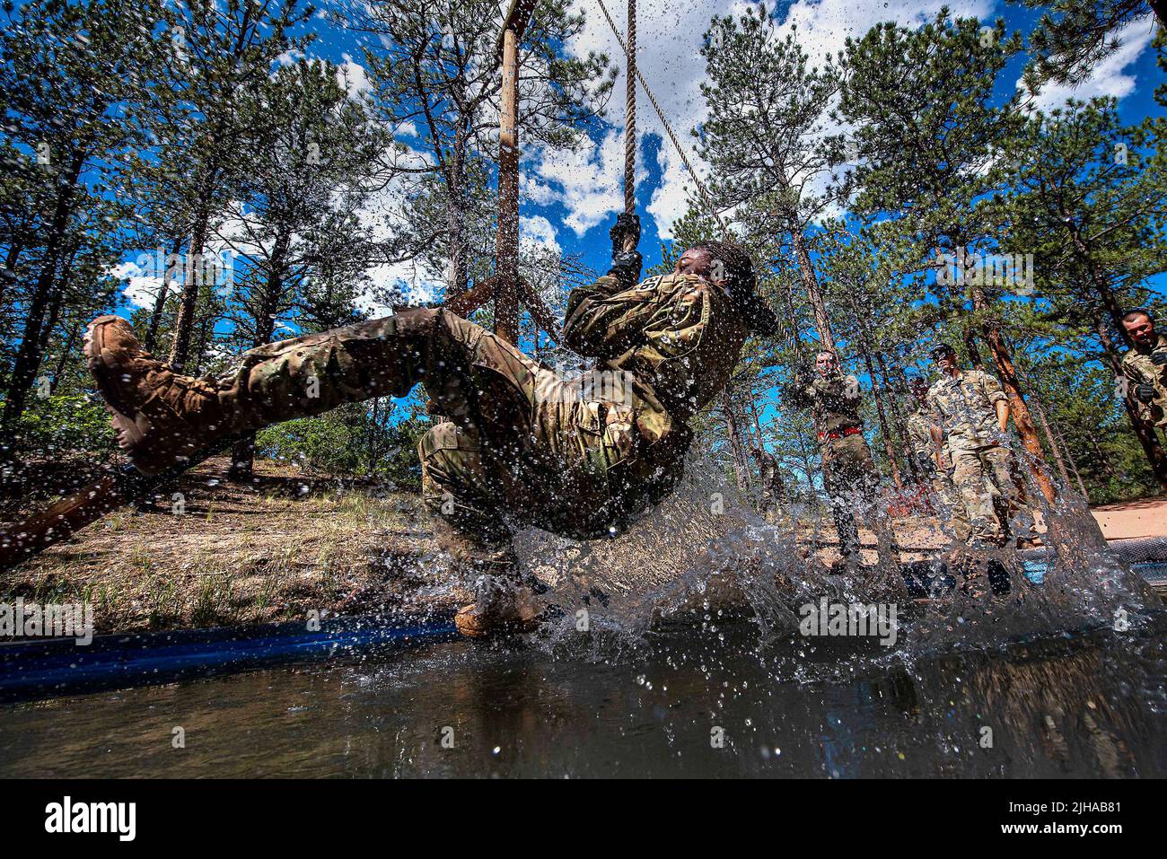 Colorado Springs, Colorado, USA. 13th July, 2022. Basic Cadets from the Class of 2026 complete the obstacle course at the U.S. Air Force Academy's Jacks Valley in Colorado Springs, Colo., on July 13, 2022. Basic Cadet Training (BCT) is a six-week indoctrination program to guide the transformation of new cadets from being civilians to military academy cadets prepared to enter a four-year officer commissioning program. Credit: U.S. Air Force/ZUMA Press Wire Service/ZUMAPRESS.com/Alamy Live News Stock Photo