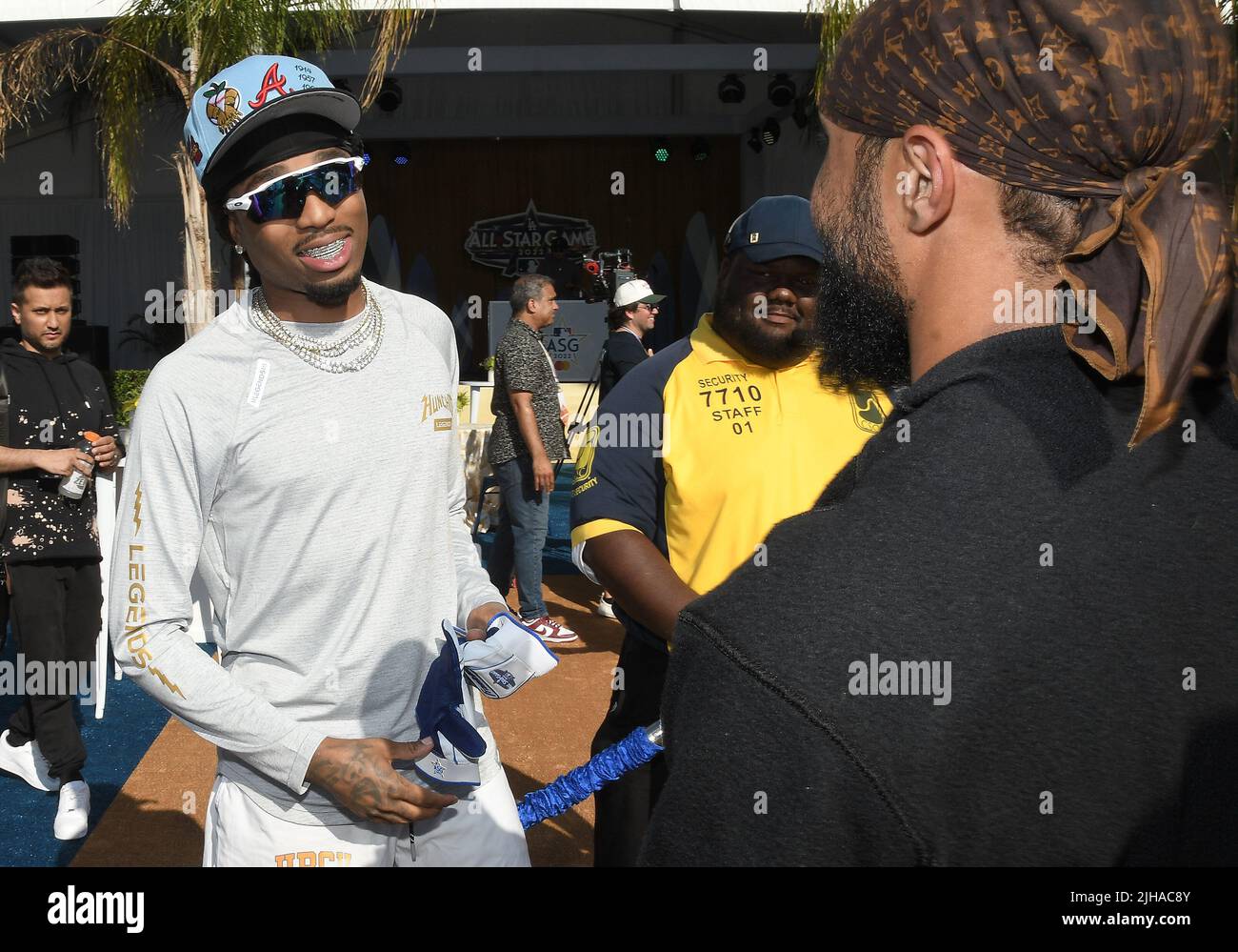 Los Angeles, USA. 16th July, 2022. (L-R) Quevo and Jerry Lorenzo at the 2022  MLB All-Star Celebrity Softball Game Media Availability held at the 76  Station - Dodger Stadium Parking Lot in