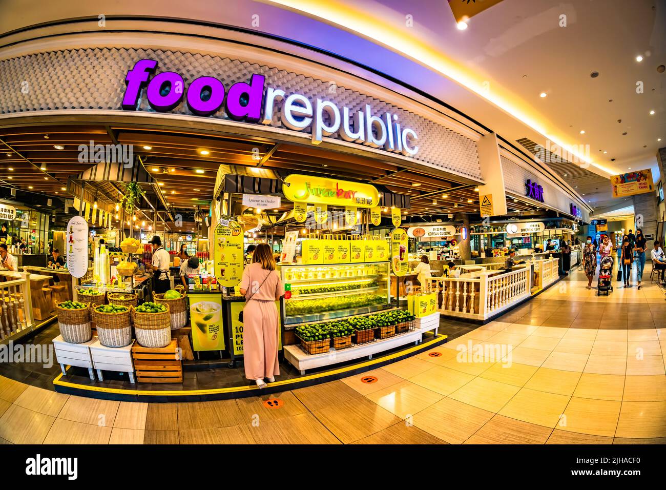 Food Republic restaurant in Suntec City Mall. This food court chain is run by the BreadTalk Group based in Singapore. Stock Photo