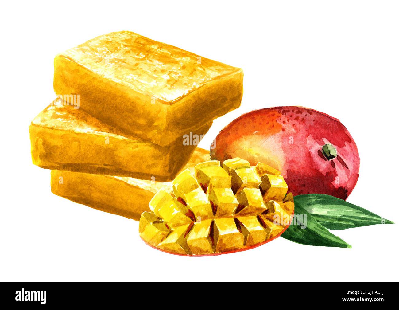 Homemade Mango fruit marmalade, jam, jelly. Hand drawn watercolor