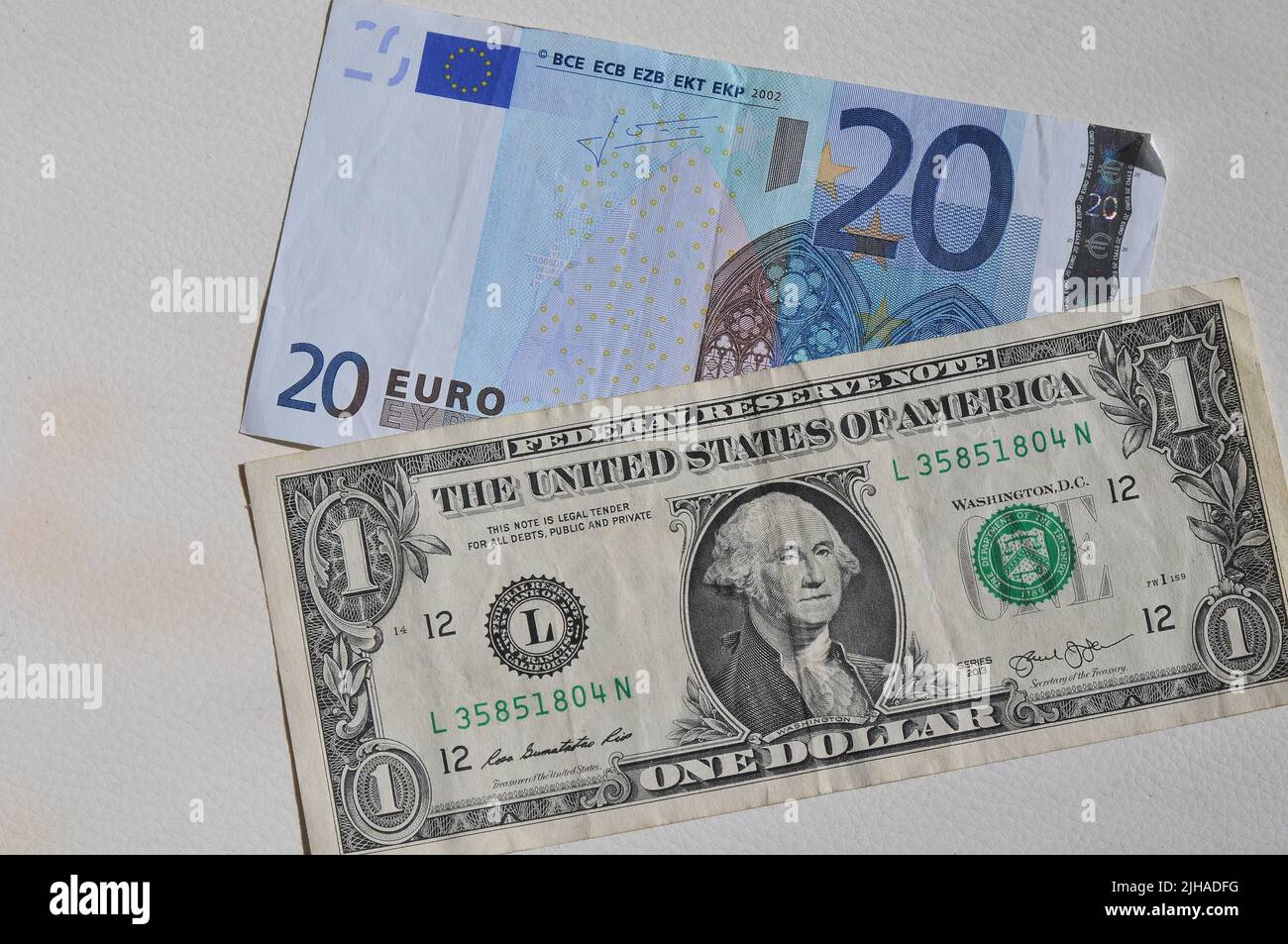 Copenhagen /Denmark/15 July 2022/ American dollar against Euro currency in world economy euroe notes and usa dolar note and coins in Copenhagen Denmark.(Photo..Francis  Dean/Dean Pictures. Stock Photo