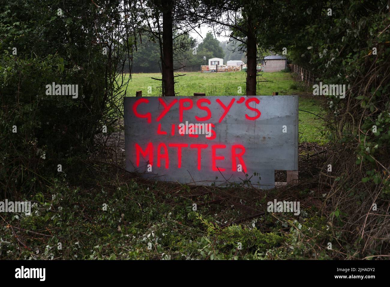 Gypsy's Lives Matter painted protest sign on display in West Sussex, UK. Stock Photo