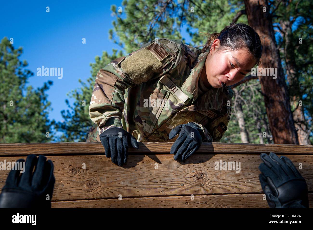 Colorado Springs, Colorado, USA. 12th July, 2022. Basic Cadets from the Class of 2026 complete the obstacle course at the U.S. Air Force Academy's Jacks Valley in Colorado Springs, Colo., on July 12, 2022. Basic Cadet Training (BCT) is a six-week indoctrination program to guide the transformation of new cadets from being civilians to military academy cadets prepared to enter a four-year officer commissioning program. Credit: U.S. Air Force/ZUMA Press Wire Service/ZUMAPRESS.com/Alamy Live News Stock Photo