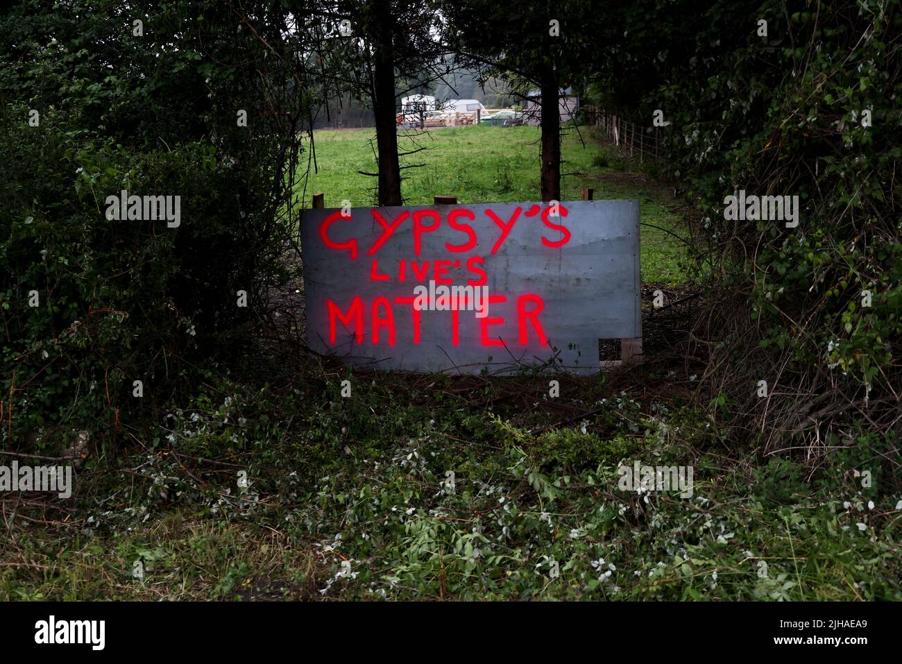 Gypsy's Lives Matter painted protest sign on display in West Sussex, UK. Stock Photo